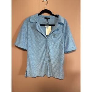 7FAM Terry Cloth Womens Shirt 7 For All Mankind Beach Blouse Blue XS